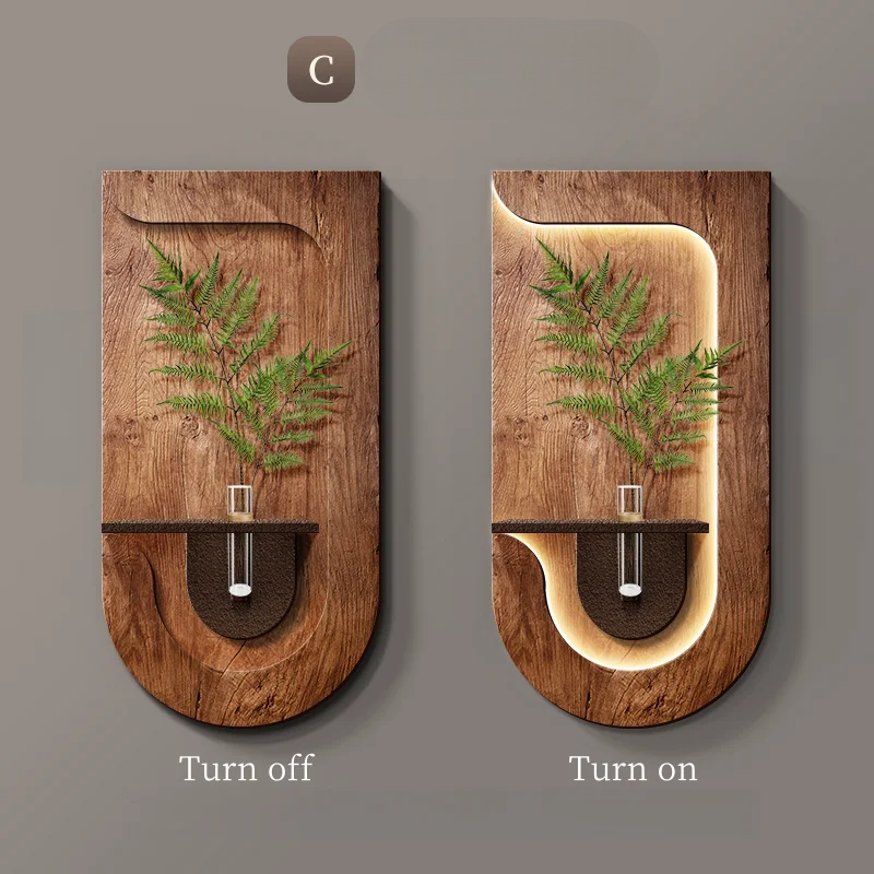 Trævægdekoration med LED-lys, bregne-design. Moderne interiørbelysning, tændt og slukket tilstand. Stilfuld vægkunst til hjemmet.