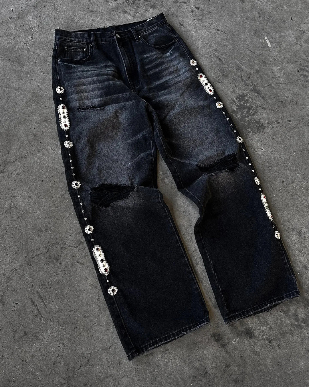 Blugi pentru femei cu broderie cu diamante în stil gotic, blugi vintage cu talie joasă și evazați, pantaloni largi din denim retro Y2k pentru femei, pantaloni streetwear înalți