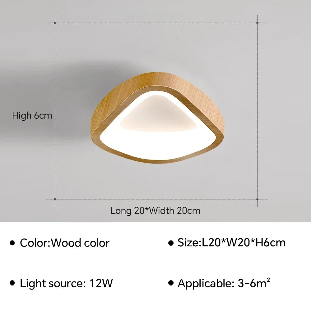 Moderne trekantet loftslampe i træfarve, 12W LED, dimensioner 20x20x6 cm, ideel til rum på 3-6 m². Stilfuld belysning til hjemmet.
