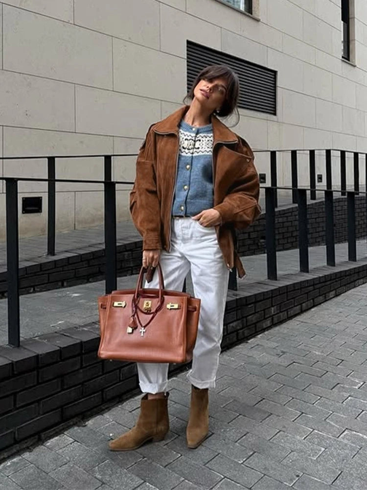 Ruskind Bomber Jakke Løs | Revers Lynlås Lommer Vintage Kvinde