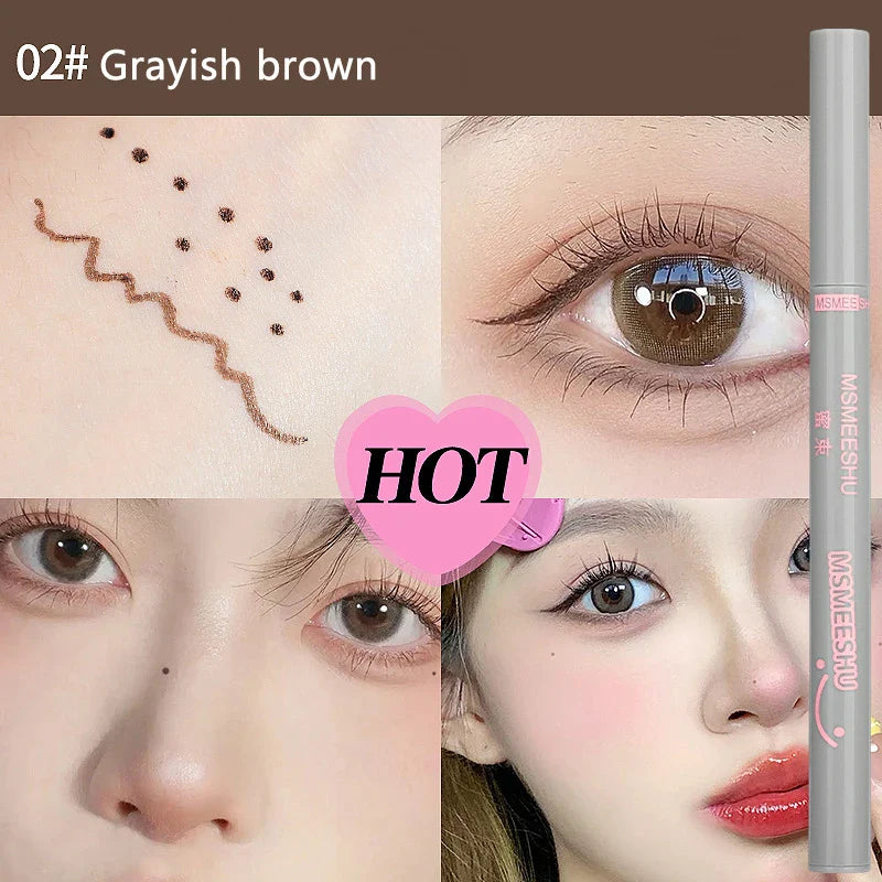 Gråbrun eyeliner fra MSWEESHU, nærbillede af applikation og effekt på øjne. Makeup, skønhed, præcis eyeliner, øjenmakeup, kosmetik.