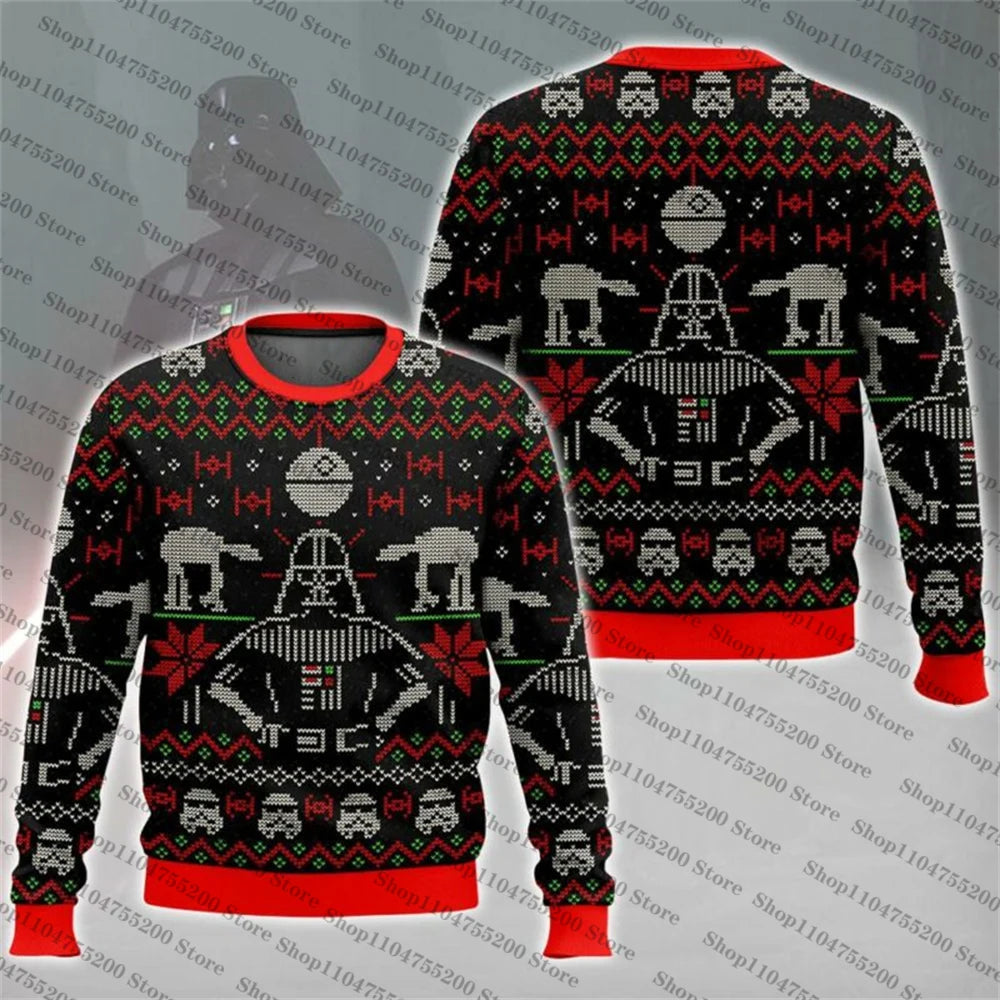 Sort Star Wars julesweater med Darth Vader, AT-AT, TIE Fighters og julemotiver. Perfekt til nørdede julefester og som gaveidé til Star Wars fans.