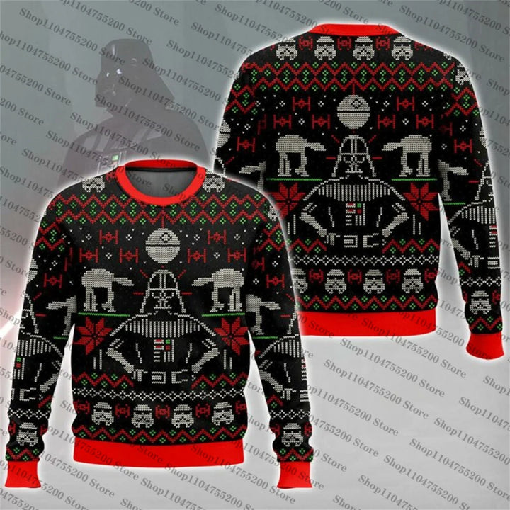 Sort Star Wars julesweater med Darth Vader, AT-AT, TIE Fighters og julemotiver. Perfekt til nørdede julefester og som gaveidé til Star Wars fans.