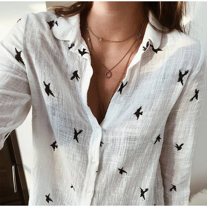 Camisa estampada Modekvinde manga larga algodón top oficina casual suelto top grande primavera verano