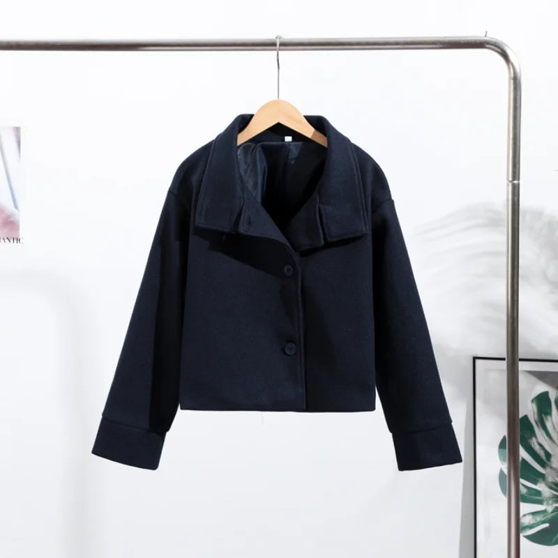 Płaszcz z wełny jednokolorowy luźny | wysoki kołnierz pojedynczy guzik zimowy damski