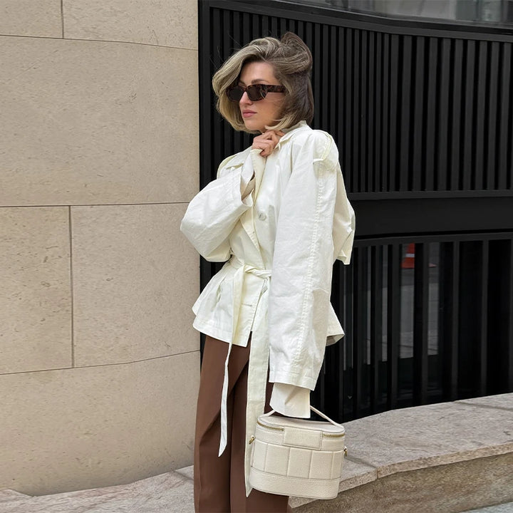 Krótki płaszcz trencz z paskiem | Dwurzędowy wysoki kołnierz szykowna damska kurtka