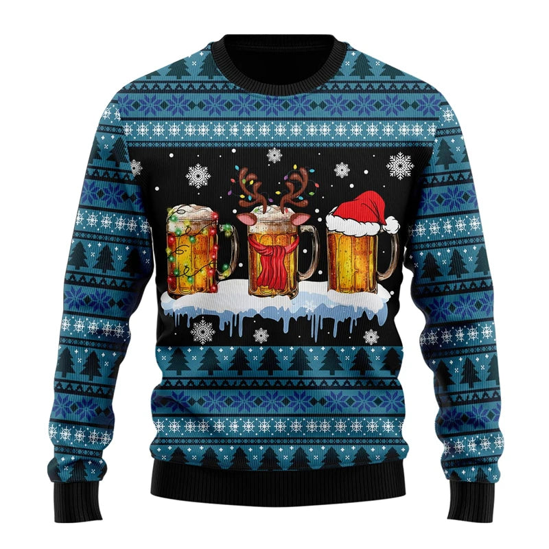 Julesweater med ølkrus-design, rensdyrgevir, nissehue og snefnug. Blå og sort mønster med juletræer og snefnug. Perfekt til julefrokost.