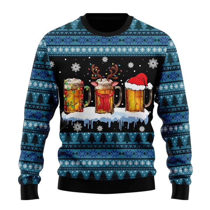 Julesweater med ølkrus-design, rensdyrgevir, nissehue og snefnug. Blå og sort mønster med juletræer og snefnug. Perfekt til julefrokost.