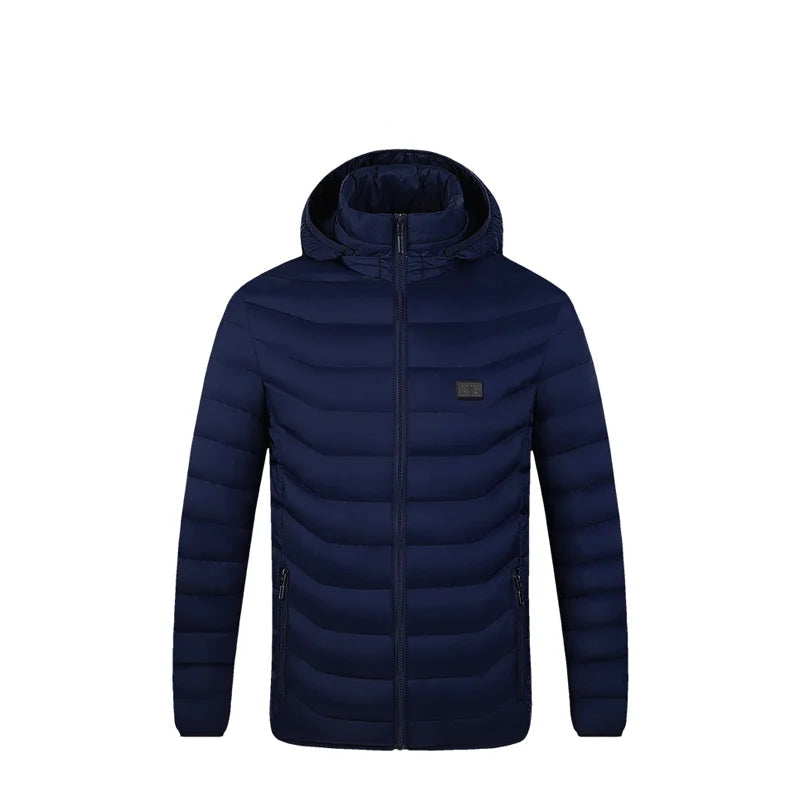Mørkeblå dunjakke med hætte, lynlås og sidelommer. Vinterjakke til mænd, letvægtsdesign, ideel til koldt vejr.