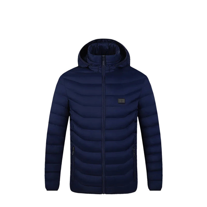 Mørkeblå dunjakke med hætte, lynlås og sidelommer. Vinterjakke til mænd, letvægtsdesign, ideel til koldt vejr.