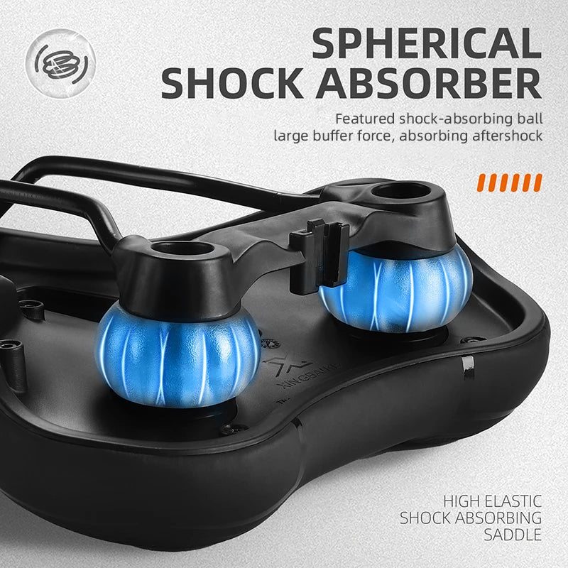 Sadel med sfærisk støddæmper, blå elastiske kugler, høj stødabsorbering, cykeltilbehør, komfortabel kørsel, robust design, vibrationsdæmpning.