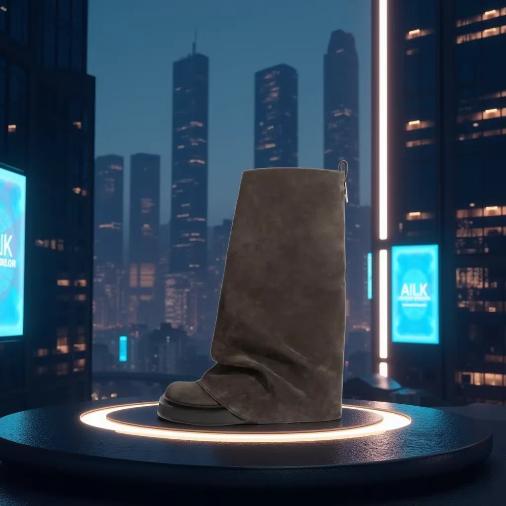 Brun støvle på futuristisk platform med byens skyline i baggrunden, aftenbelysning, moderne mode, urban stil, skyskrabere, nat.