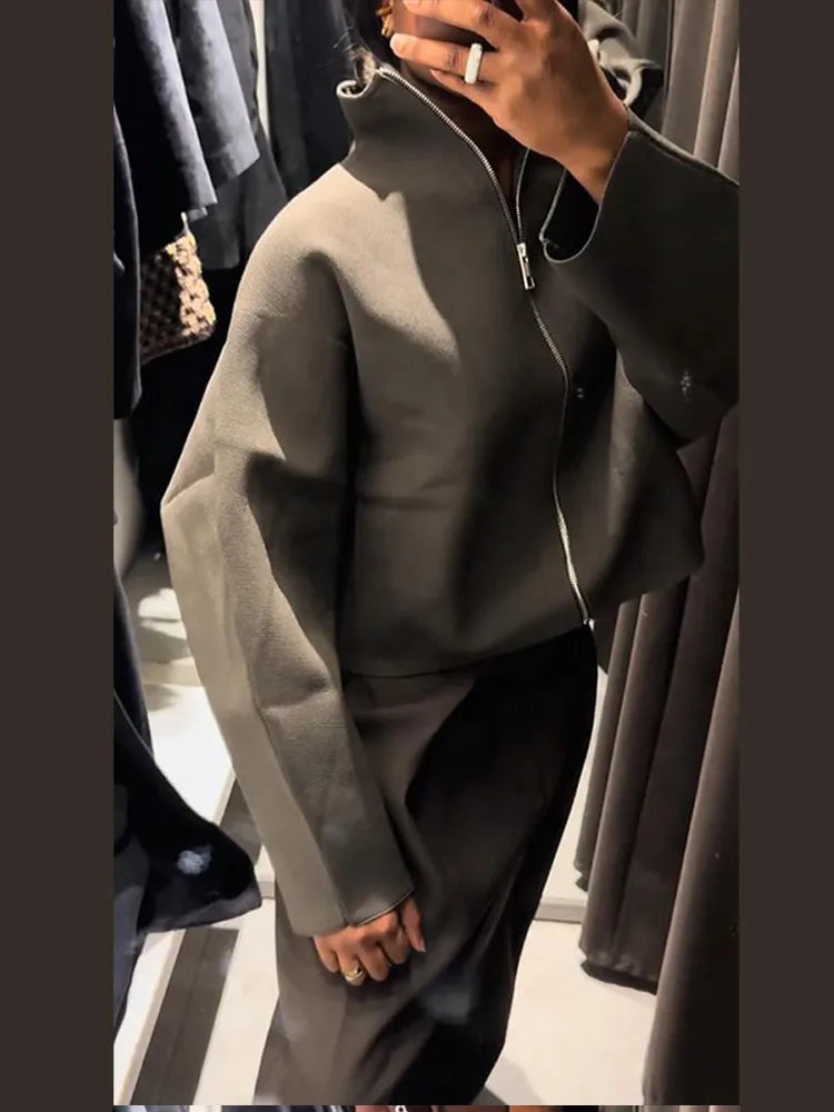 Kurtka krótka oversize | Wysoki kołnierz z zamkiem krótka casual damska