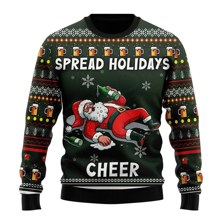 Grøn julesweater med fuld Santa Claus, ølflasker, snefnug og teksten "Spread Holidays Cheer". Perfekt til sjove julefester og gaveidéer.