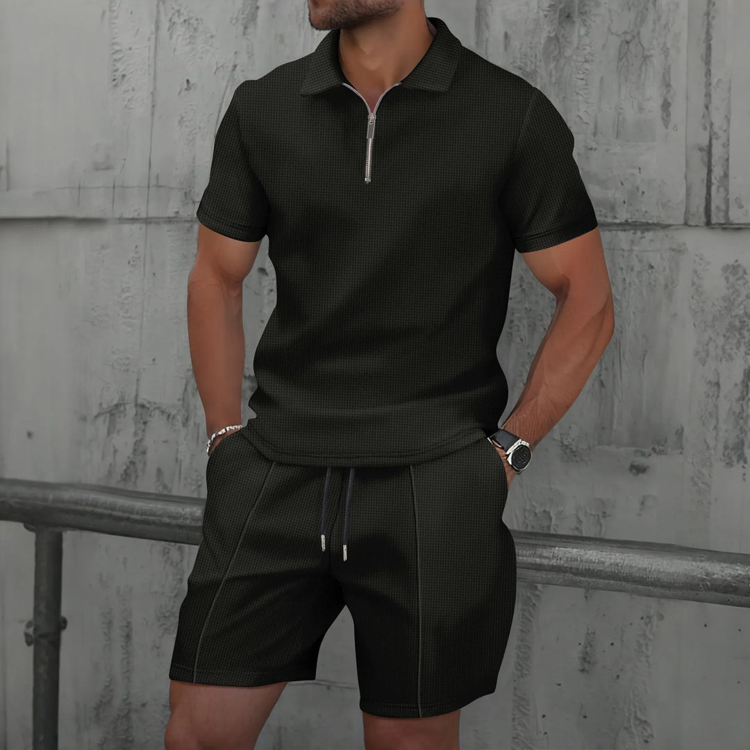 Hombres Europa y EE.UU. nuevo verano waffle liso cremallera solapa conjunto de manga corta con pantalones cortos dos piezas