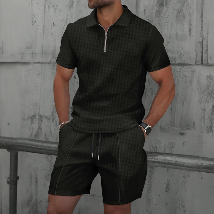 Hombres Europa y EE.UU. nuevo verano waffle liso cremallera solapa conjunto de manga corta con pantalones cortos dos piezas