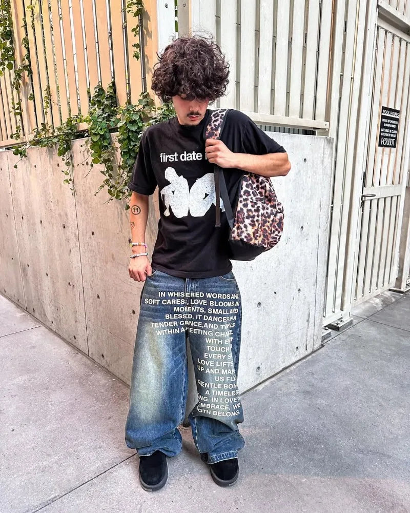 Blugi pentru bărbați | Streetwear vintage cu litere americane Gothic Harajuku Hip Hop cu picioare largi