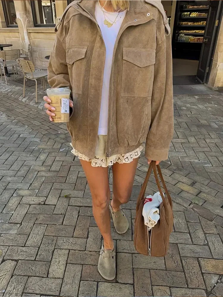 Kurtka bomber zamszowa | Zamek błyskawiczny Długie rękawy Kieszenie Jesień Kobieta