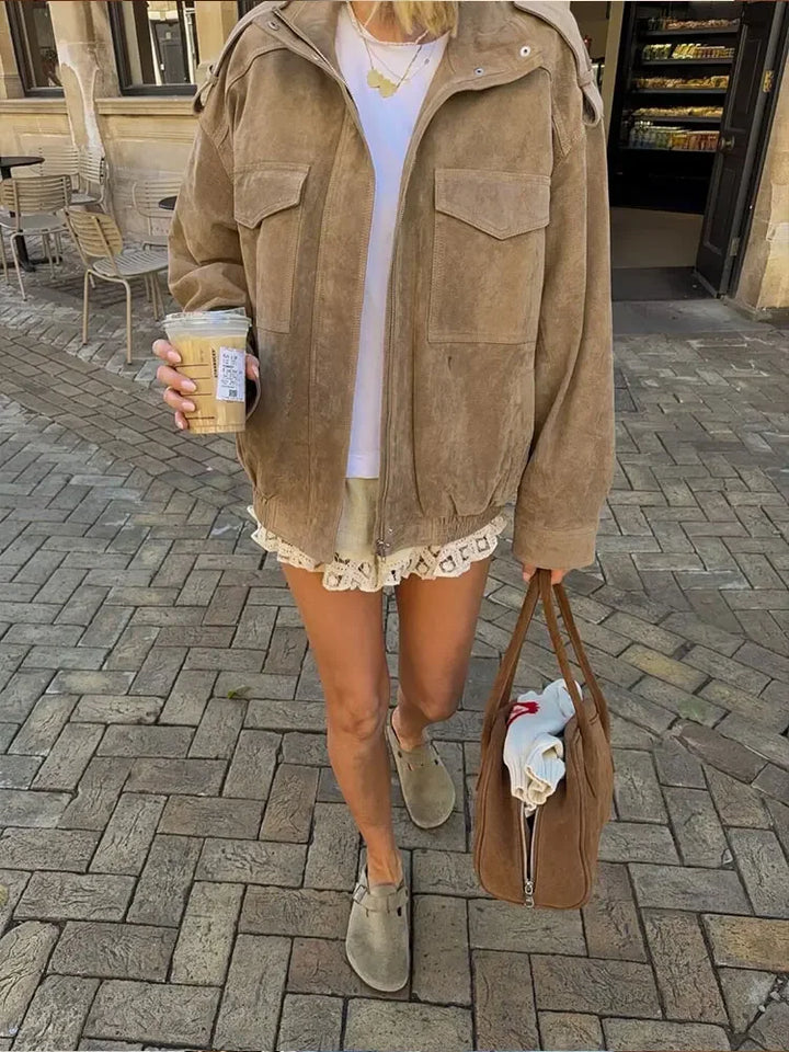 Kurtka bomber zamszowa | Zamek błyskawiczny Długie rękawy Kieszenie Jesień Kobieta