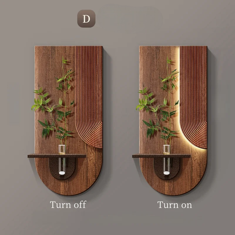 Væglampe i trædesign med LED-lys, slukket og tændt. Moderne indretning, naturlige elementer, energibesparende belysning.