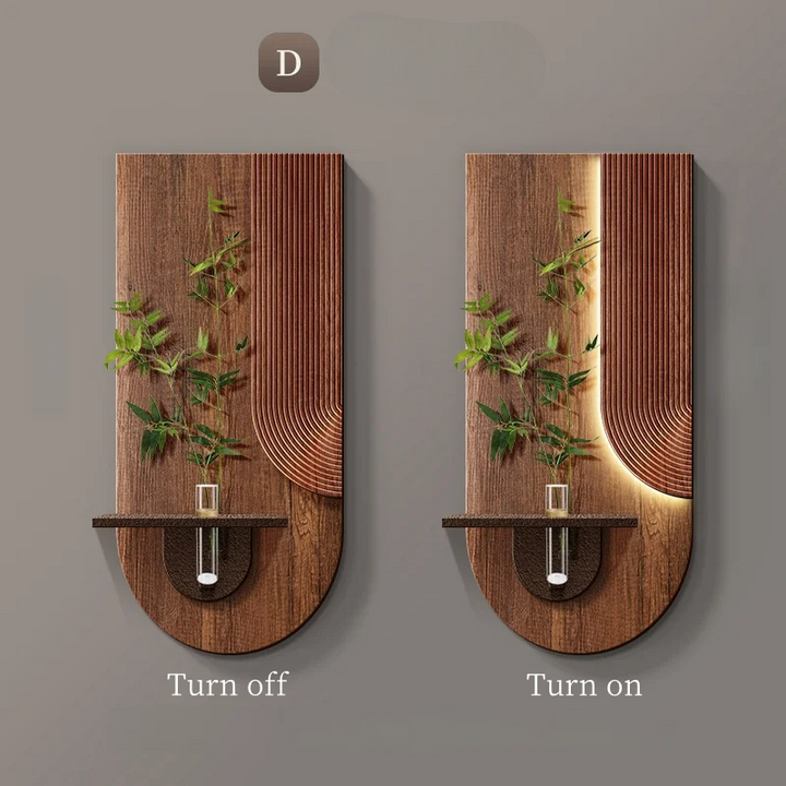 Væglampe i trædesign med LED-lys, slukket og tændt. Moderne indretning, naturlige elementer, energibesparende belysning.