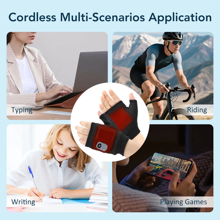 Billede af trådløse håndvarmere i brug: kvinde skriver på laptop, cyklist på vej, pige skriver i notesbog, person spiller spil på smartphone.