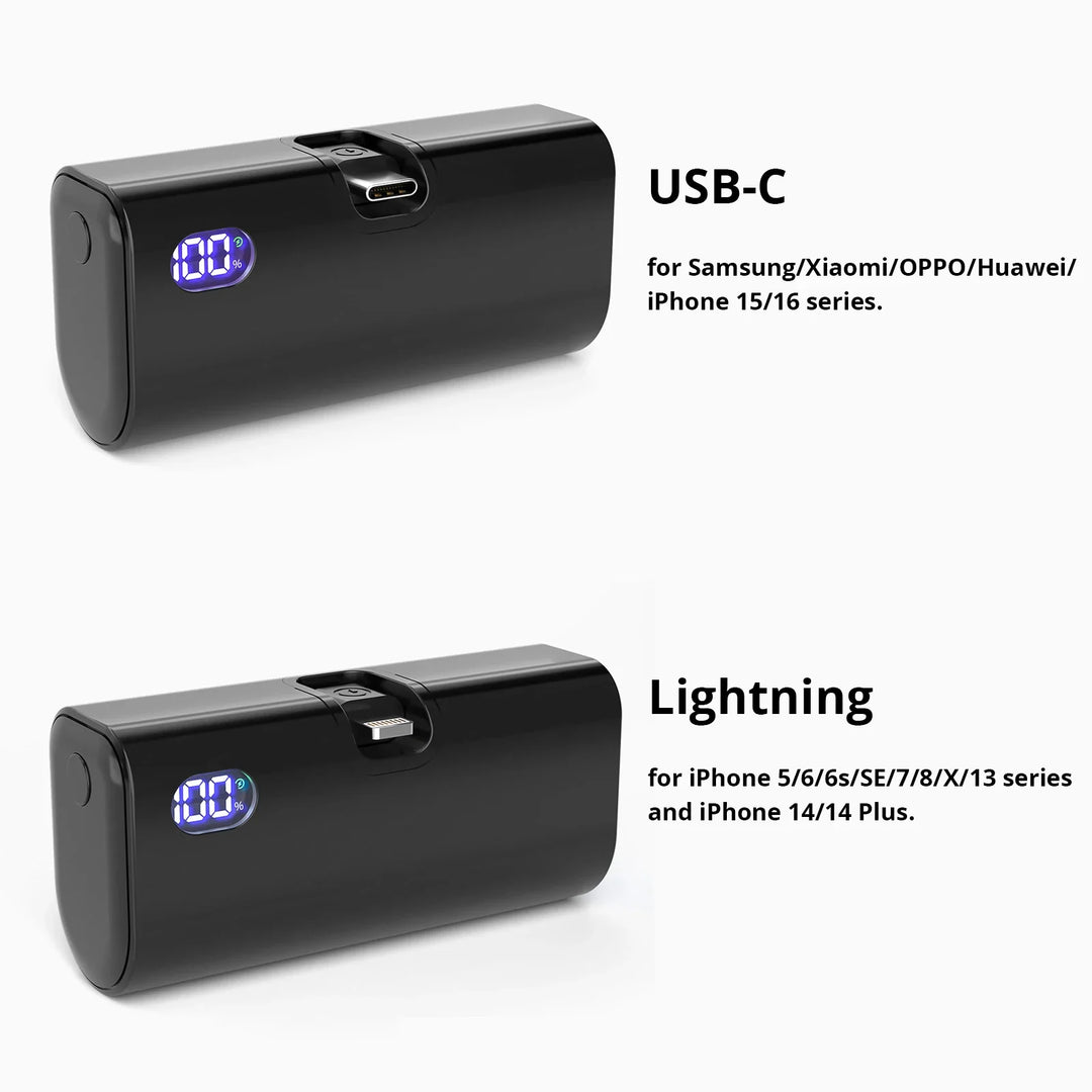Liboer Foldbart eksternt batteri Hurtig opladning | 5000mAh USB-C eller Lightning LED-skærm