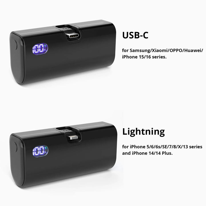 Liboer Foldbart eksternt batteri Hurtig opladning | 5000mAh USB-C eller Lightning LED-skærm