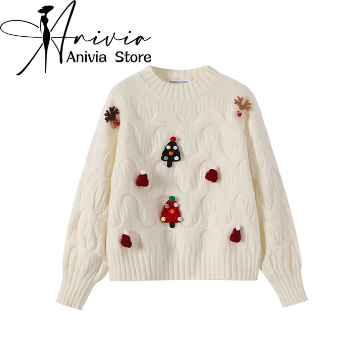 Hvid julesweater med rensdyr og juletræer, kabelstrik, unisex design, perfekt til vinter og jul, Anivia Store.