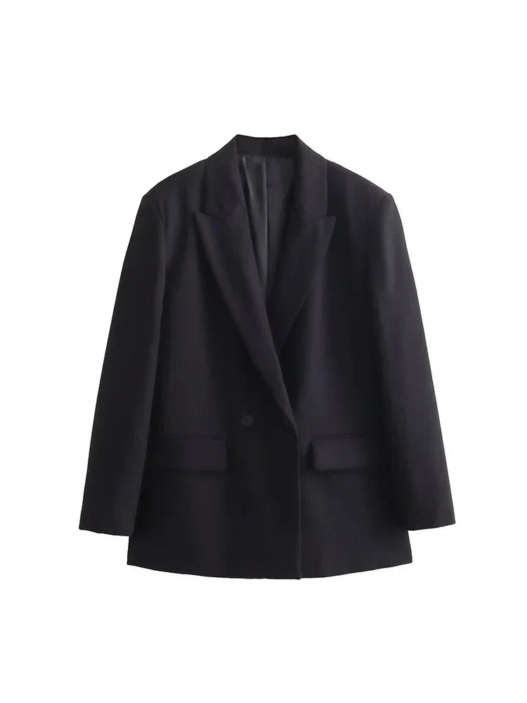 Sacou elegant cu două rânduri pentru femei, croială dreaptă, rever lat, mâneci lungi