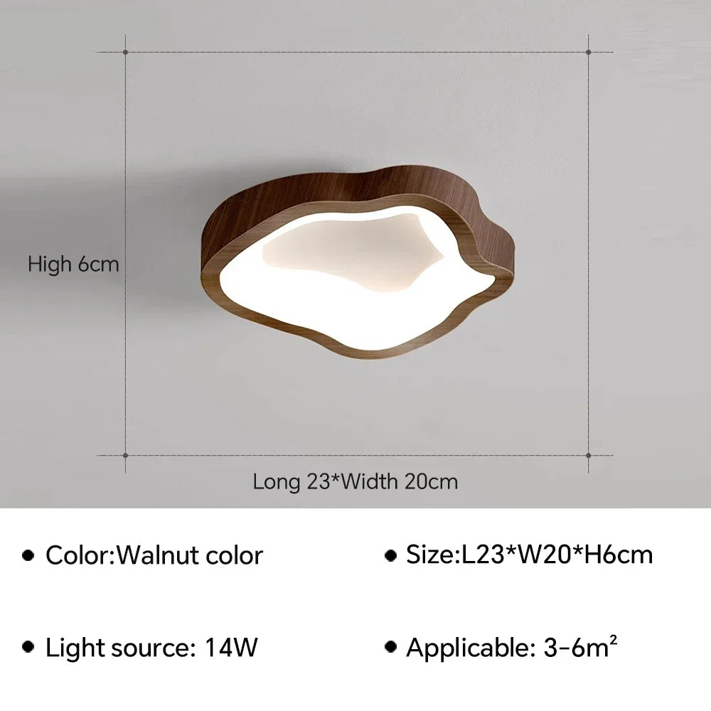 Moderne loftlampe i valnøddefarve, 14W LED, måler 23x20x6 cm. Velegnet til rum på 3-6 m². Elegant design, energibesparende belysning.