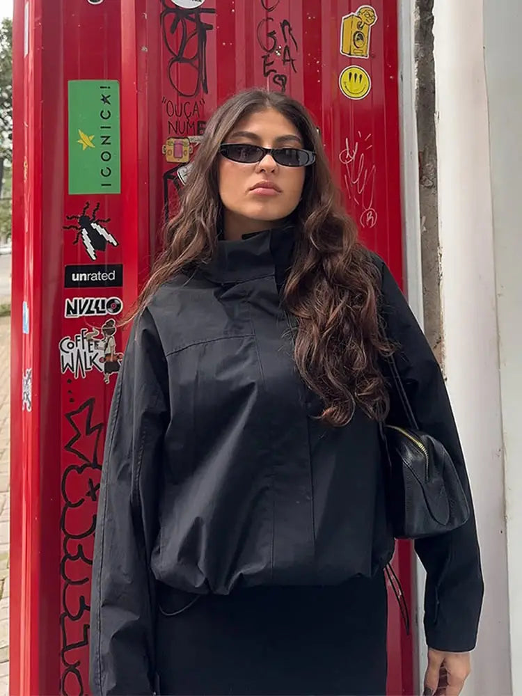 Krótka kurtka przeciwwiatrowa | Wysoki kołnierz Sznurowany pas Casual Jesień