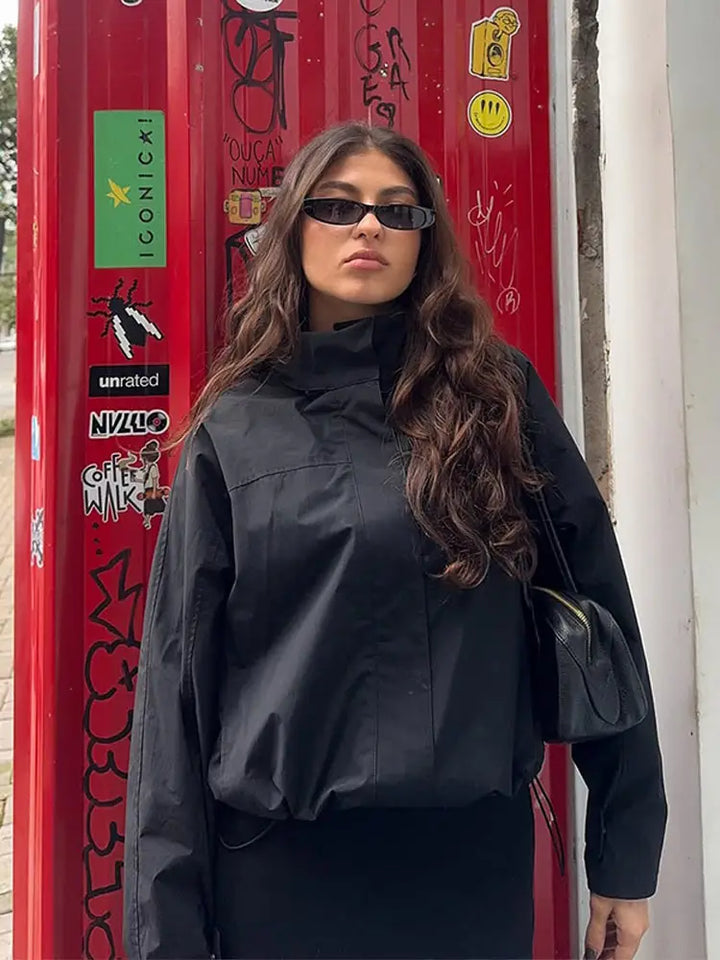 Krótka kurtka przeciwwiatrowa | Wysoki kołnierz Sznurowany pas Casual Jesień