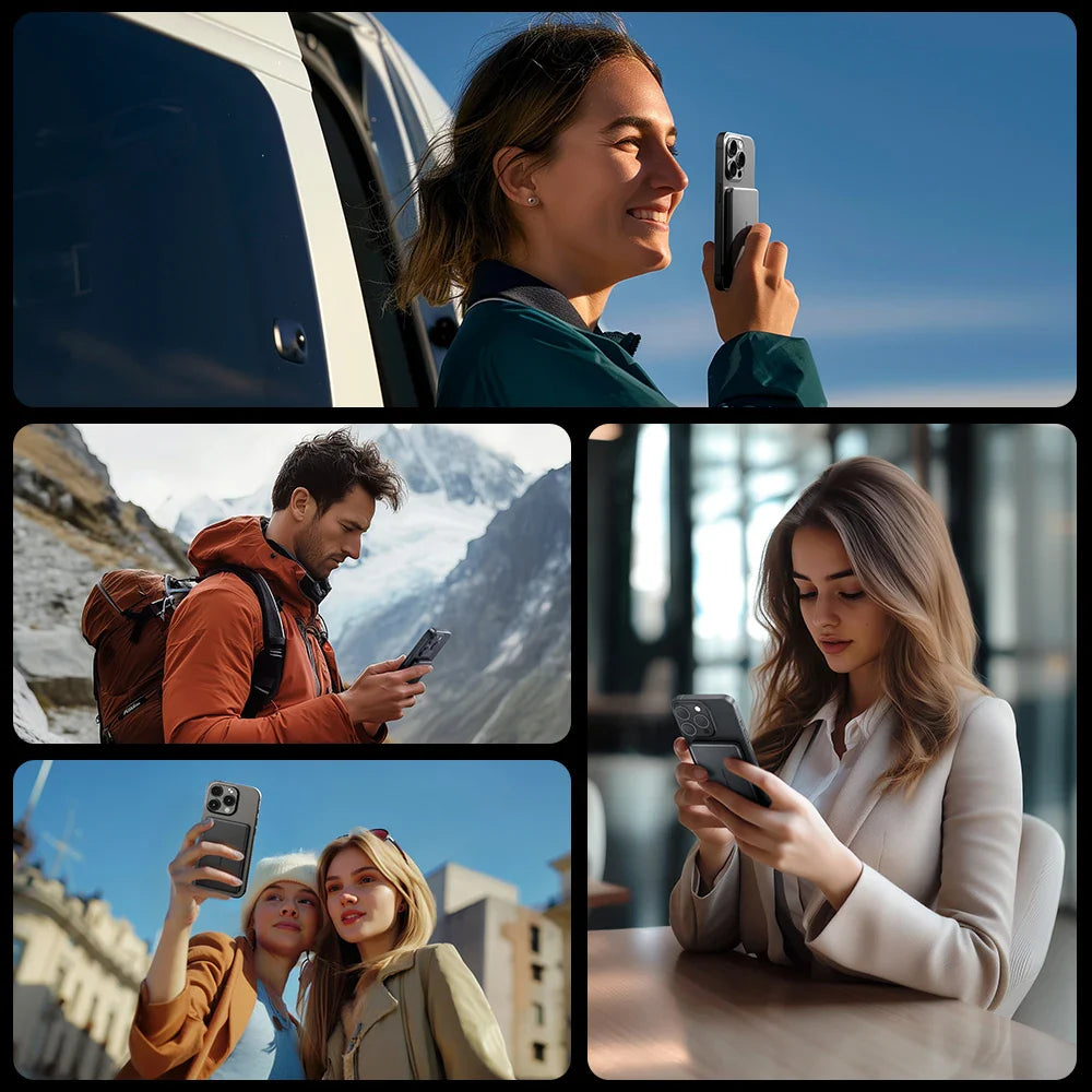 Unge voksne bruger smartphones i forskellige udendørs og indendørs miljøer. Fokus på mobilteknologi, kommunikation og moderne livsstil.