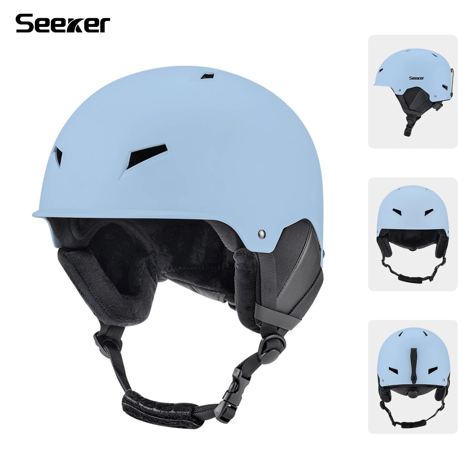 Lyseblå skihjelm fra Seeker med justerbar rem og ventilationsåbninger. Perfekt til vintersport, sikkerhed og komfort. Fås i flere vinkler.