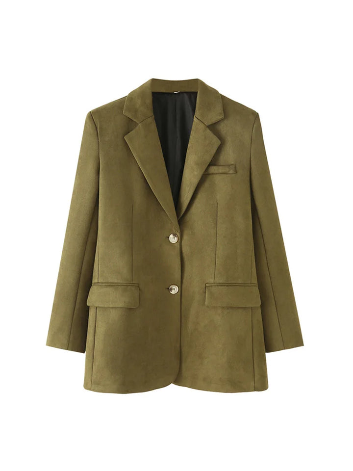 Olivengrøn blazerjakke til kvinder med to knapper og lommer, elegant design, perfekt til forår og efterår. Stilfuld og moderne damejakke.