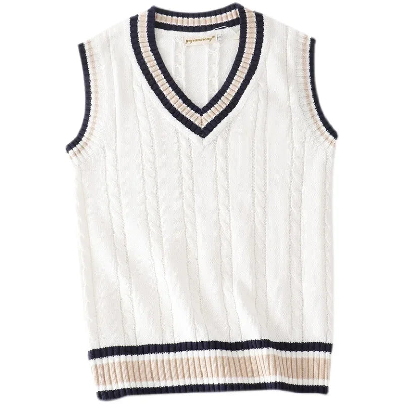 Vestă tricotată pentru bărbați cu decolteu în V | Stil retro preppy, vestă lejeră și casual