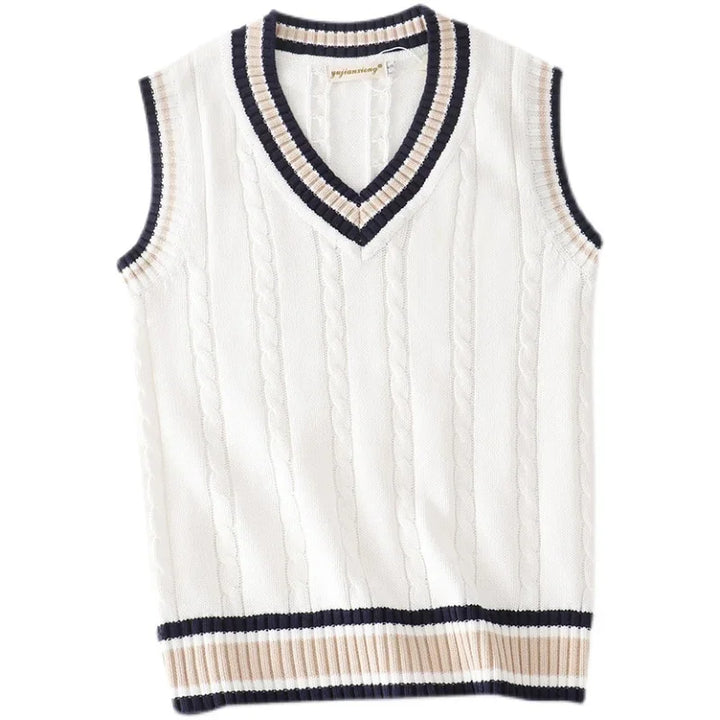 Vestă tricotată pentru bărbați cu decolteu în V | Stil retro preppy, vestă lejeră și casual