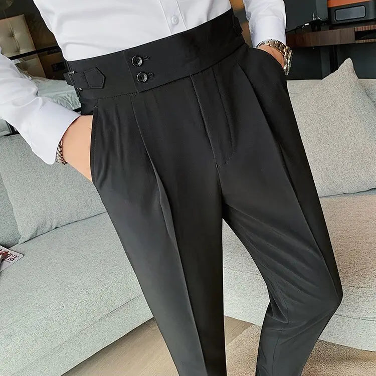 Pantalones de traje para hombre cintura alta pantalones rectos de negocios estilo coreano pantalones formales elegantes