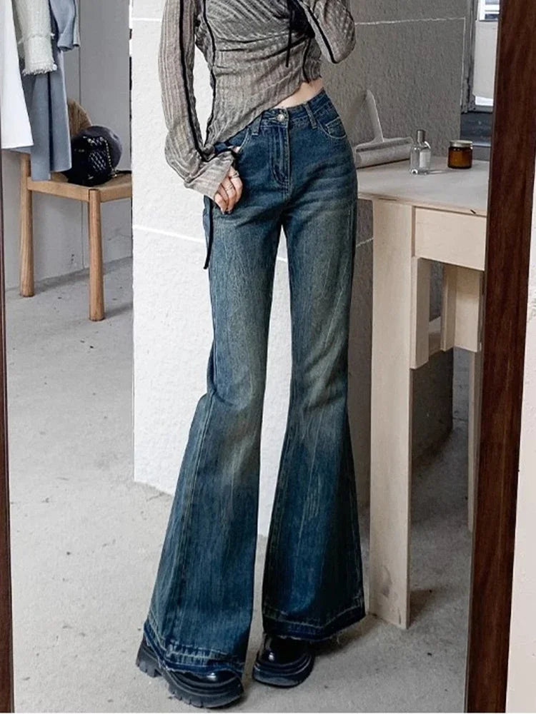Blugi evazați vintage pentru femei | Pantaloni denim cu talie înaltă, cu stretch și design bootcut