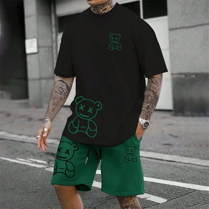 Camiseta Sjov bjørn Harajuku para hombres verano suelto conjunto diario de pareja al aire libre calle camiseta de manga corta y pantalones cortos conjunto de verano de dos piezas