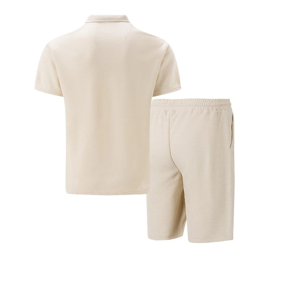 Hombres Europa y EE.UU. nuevo verano waffle liso cremallera solapa conjunto de manga corta con pantalones cortos dos piezas