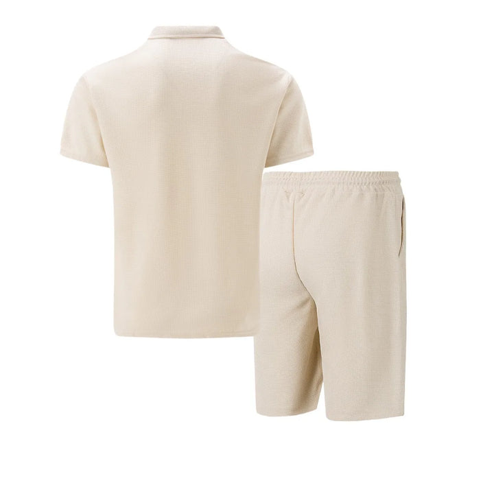 Hombres Europa y EE.UU. nuevo verano waffle liso cremallera solapa conjunto de manga corta con pantalones cortos dos piezas
