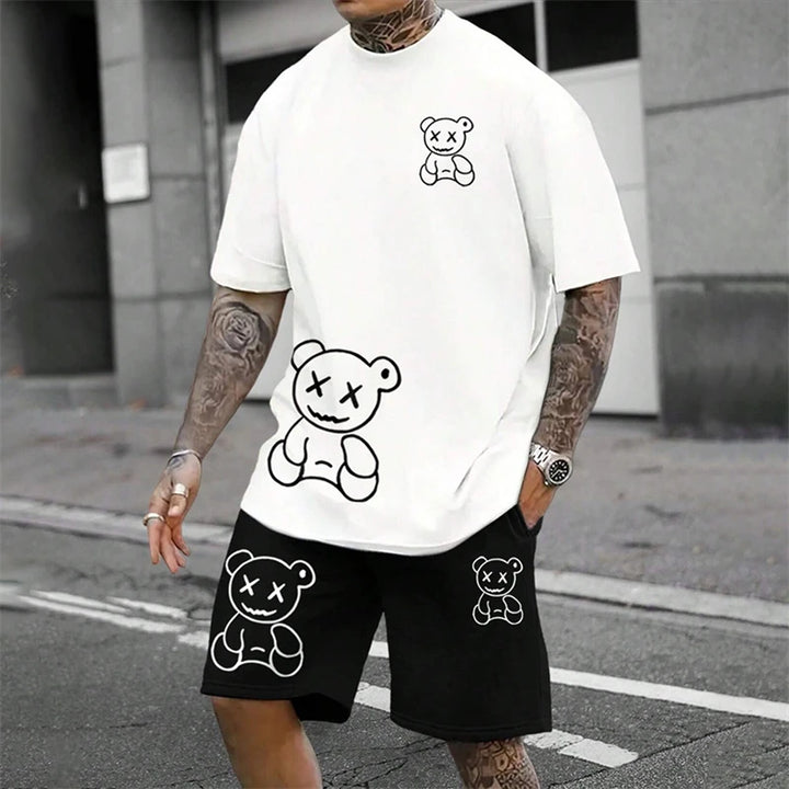 Camiseta Sjov bjørn Harajuku para hombres verano suelto conjunto diario de pareja al aire libre calle camiseta de manga corta y pantalones cortos conjunto de verano de dos piezas