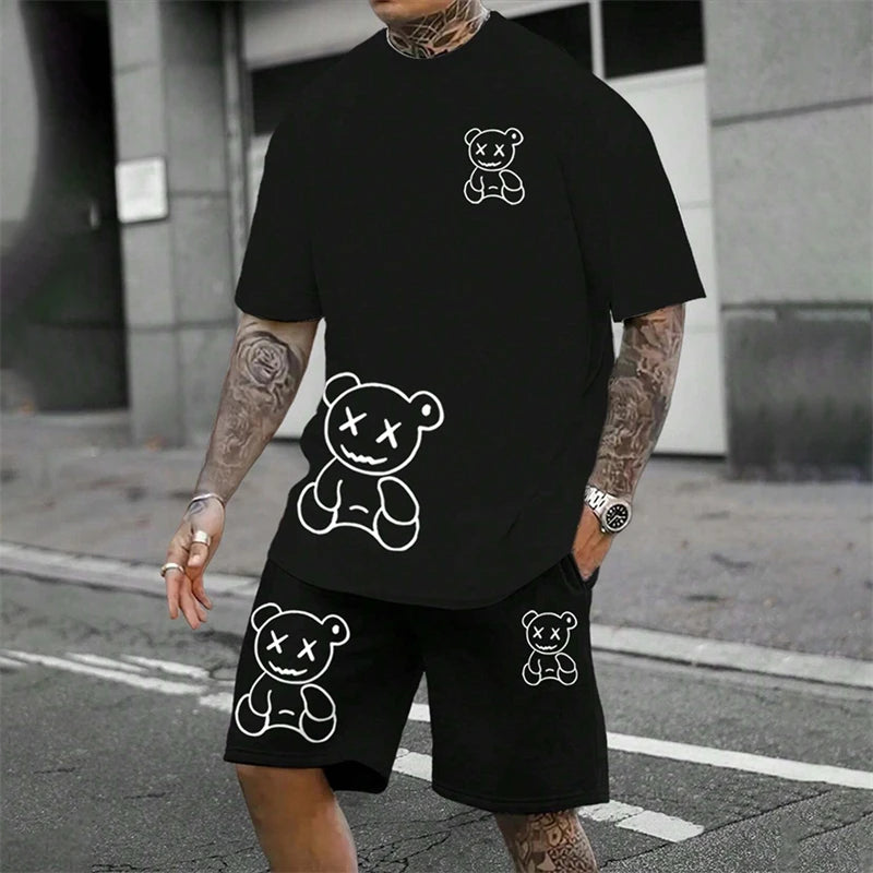 Camiseta Sjov bjørn Harajuku para hombres verano suelto conjunto diario de pareja al aire libre calle camiseta de manga corta y pantalones cortos conjunto de verano de dos piezas