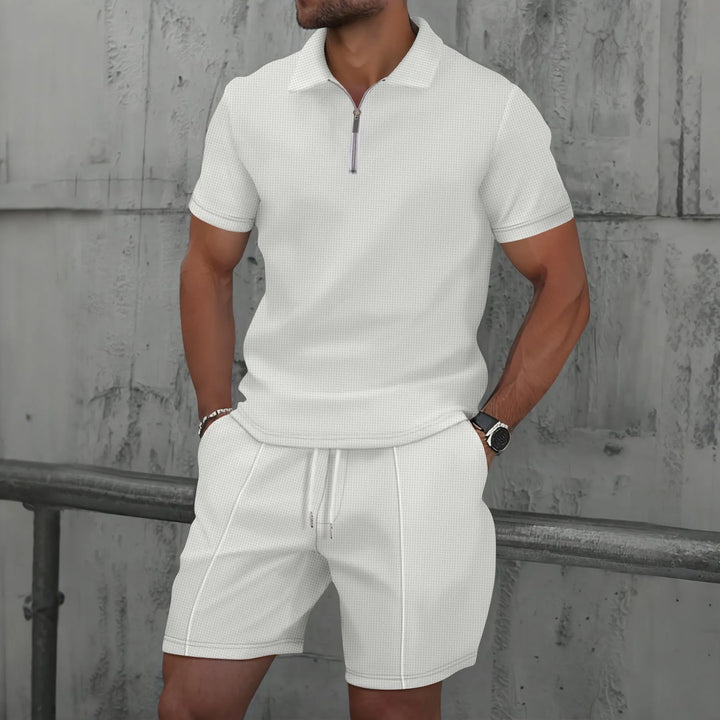Hombres Europa y EE.UU. nuevo verano waffle liso cremallera solapa conjunto de manga corta con pantalones cortos dos piezas