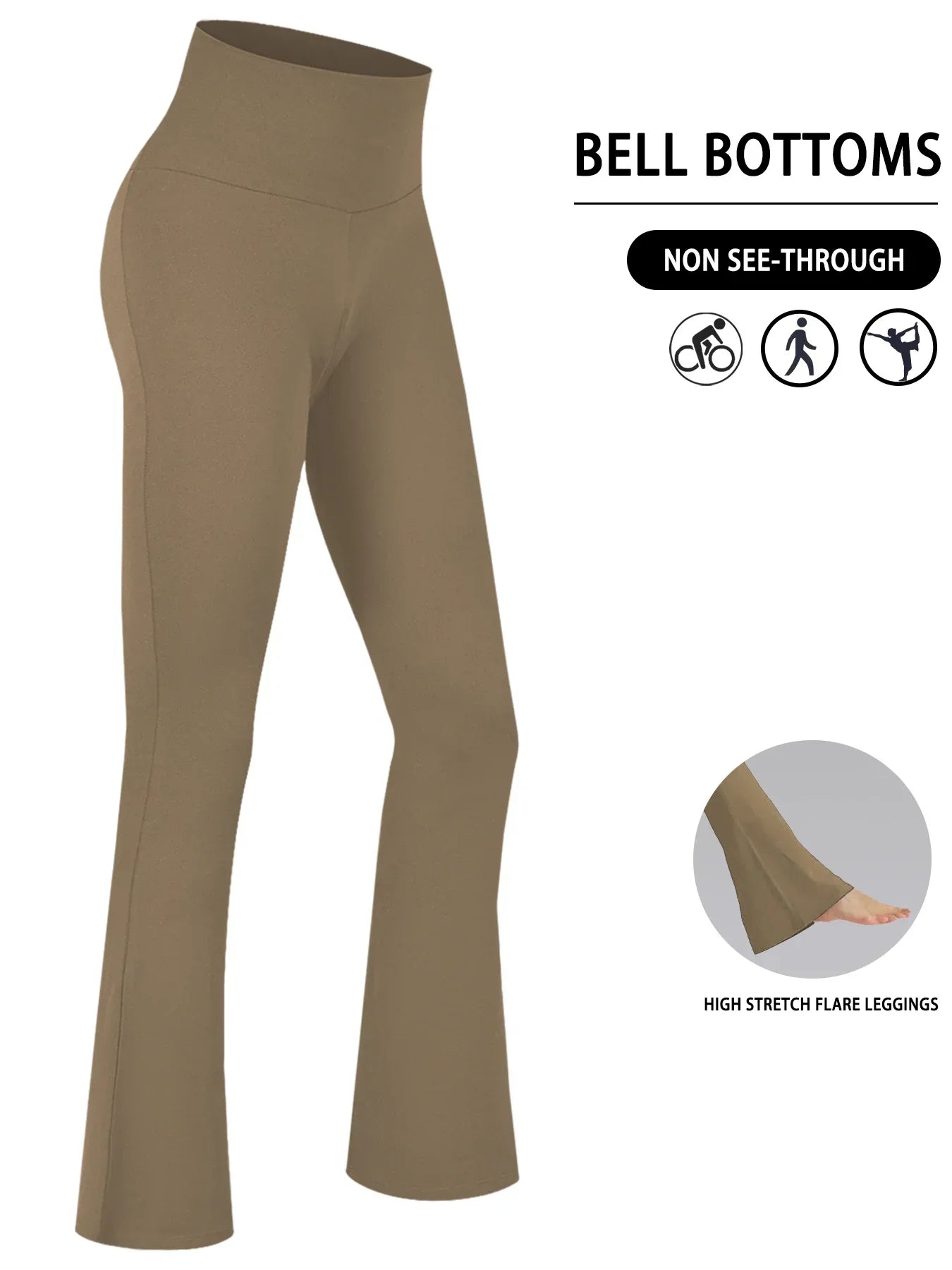 Brune bell bottoms leggings til kvinder, høj talje, ikke gennemsigtige, høj strækbarhed, flare design, ideelle til yoga og fitness.