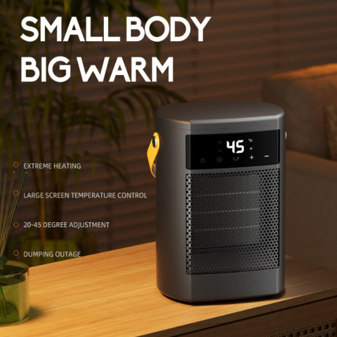 Bærbar elektrisk varmeblæser med digitalt display på bord, viser 45 grader. Kompakt design, justerbar temperatur, ideel til små rum.