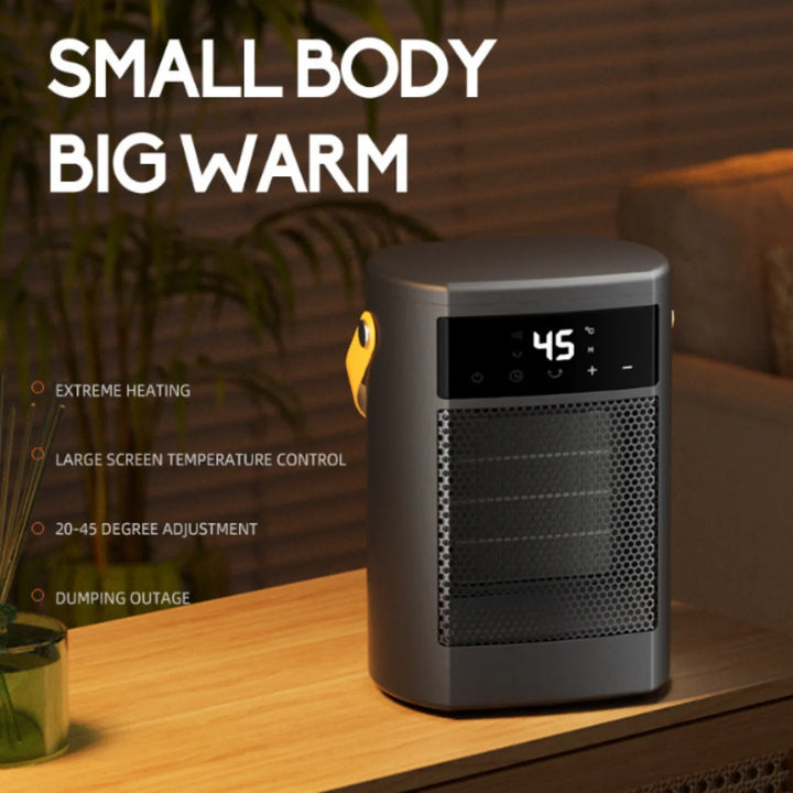 Bærbar elektrisk varmeblæser med digitalt display på bord, viser 45 grader. Kompakt design, justerbar temperatur, ideel til små rum.