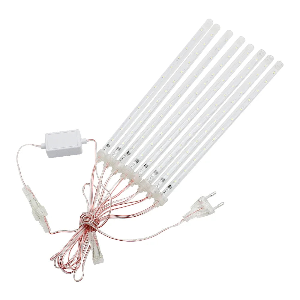 LED meteorregn lys, hvid, 8 rør, juledekoration, indendørs/udendørs brug, energibesparende, vandtæt, 30 cm længde, stikforbindelse inkluderet.